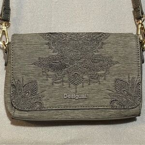 Desigual Crossbody Bag Gray Textured Embroidered Adjustable Strap Minimalist